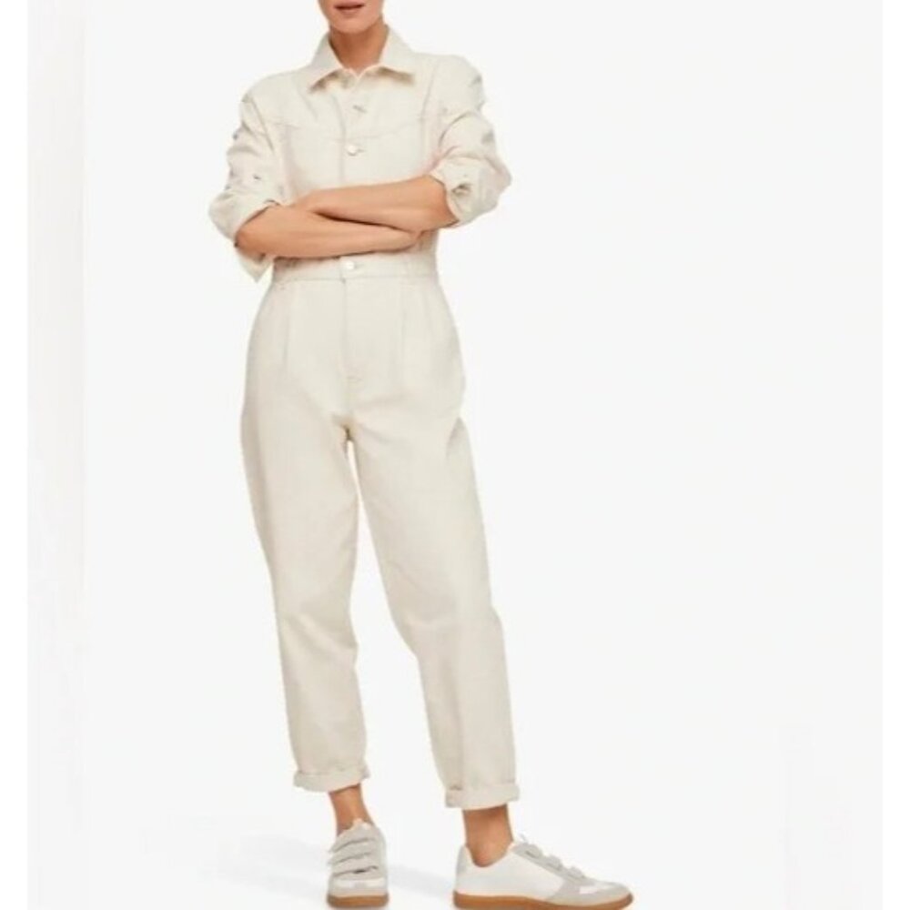 MNG Gillian Denim Jumpsuit Womens Size Small Cream Button Up